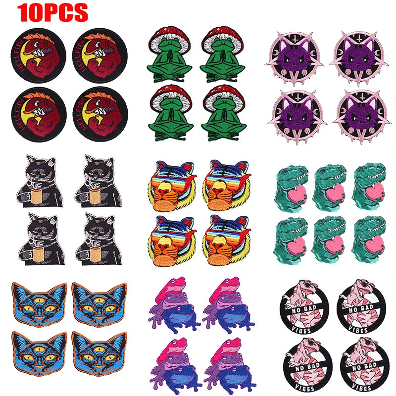 10 Uds. Parche de gato tigre, dinosaurio, Rana, Animal bordado, DIY, parches termoadhesivos para planchar para ropa, parches para ropa