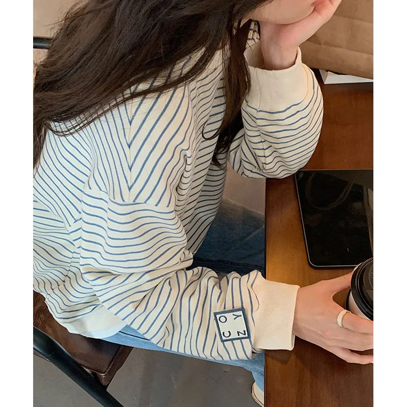 Camisetas de manga larga a rayas para mujer, jerséis sueltos cómodos, Tops casuales para mujer, camiseta de gran tamaño para mujer, primavera y verano - imagen 5