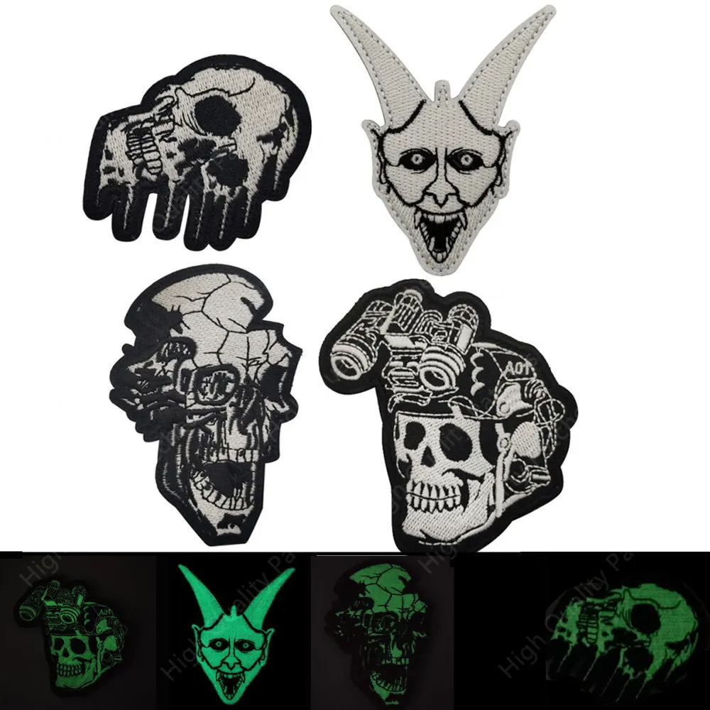 Bordado luminoso calavera bruja ejército parche militar insignia de combate gancho lazo apliques para mochila bolsa parches de costura
