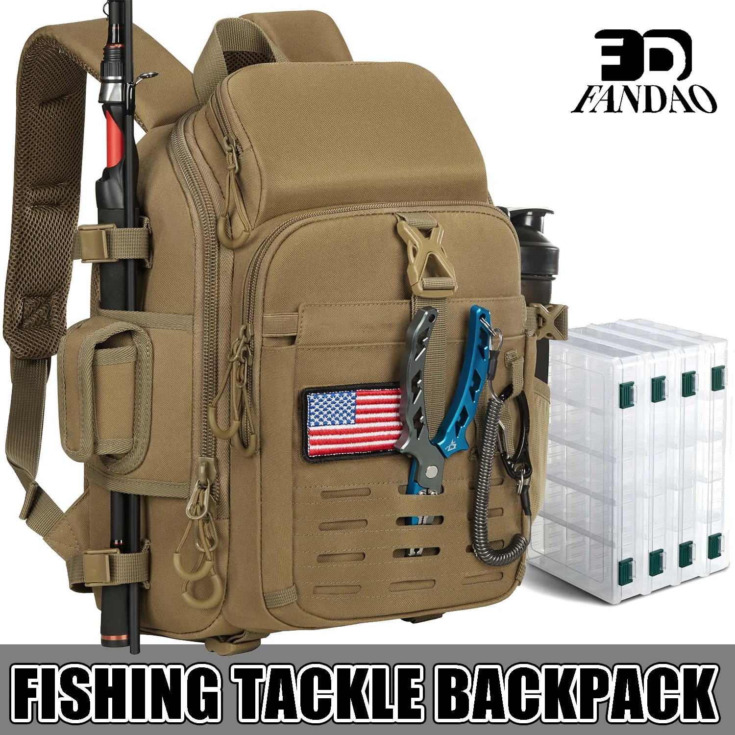 Mochila para aparejos de pesca con caña y soporte para equipo, bolsa ligera para almacenamiento de aparejos de pesca con cubierta protectora contra la lluvia