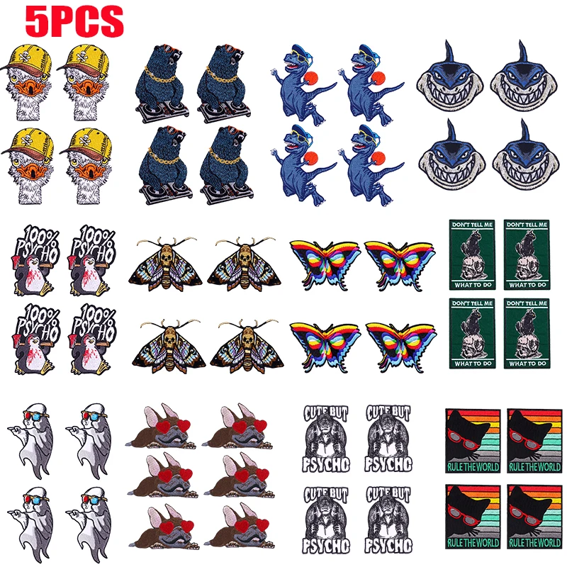 5 uds. Parches bordados de animales geniales parche de oso dinosaurio mariposa tiburón parches para planchar para ropa Jeans DIY parche de pingüino de gato