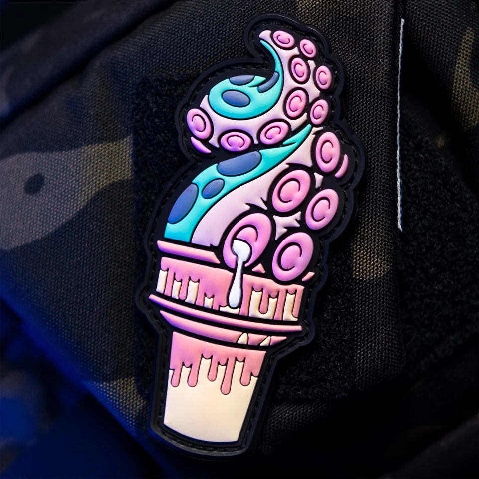 Parches de PVC 3D de helado de pulpo, insignias tácticas para exteriores, chaleco, ropa, mochila, decoración de brazalete