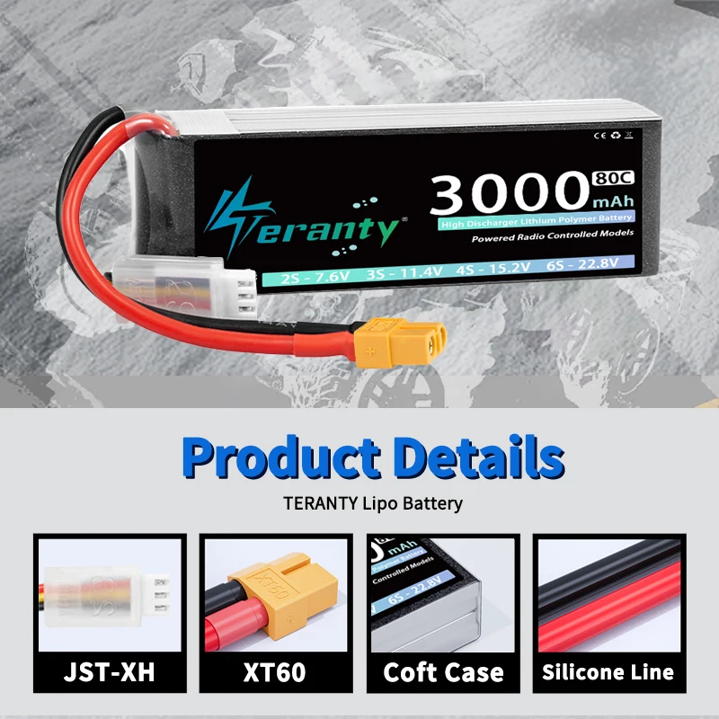 2 uds TERANTY 2S Lipo batería 7,4 V 7,6 V 3000mAh 60C 80C con enchufe T XT60 para Dron FPV RC camiones barco helicóptero avión - imagen 5