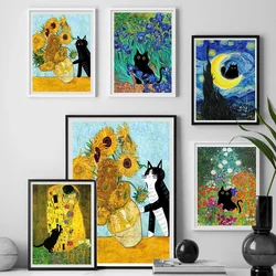 Póster divertido de girasol de Van Gogh, gato negro abstracto, arte de Graffiti, fondo, lienzo de pared, pintura decorativa impresa