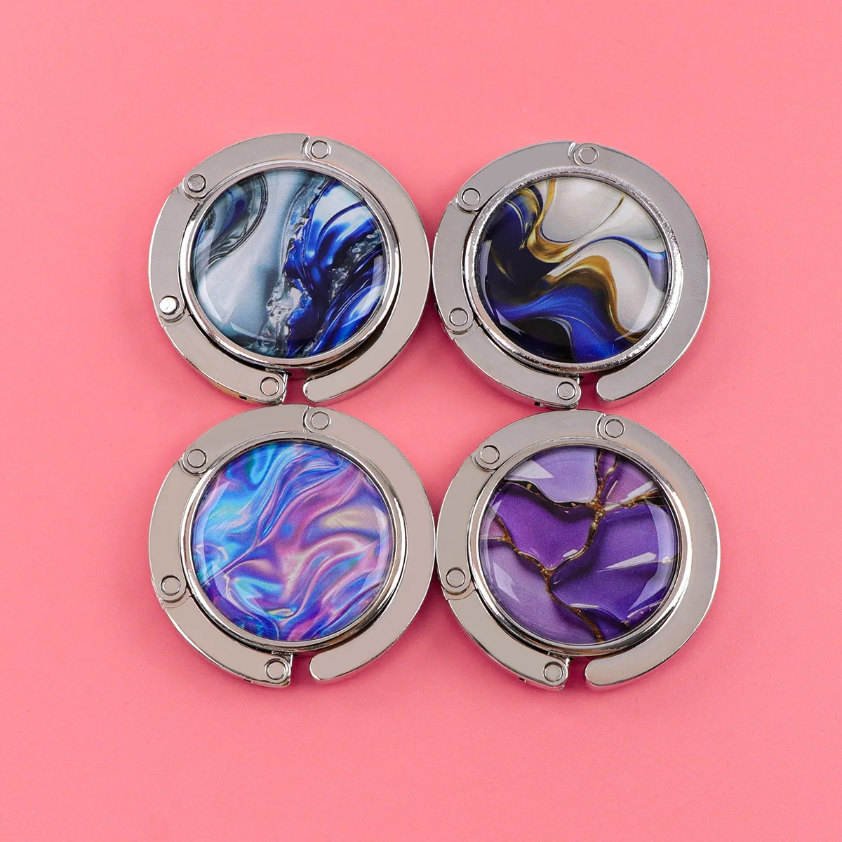 Ganchos para bolsos con diseño de mármol, soportes plegables de Metal para bolsas de mesa, perchas portátiles para monedero, accesorios de piezas únicas, ganchos antideslizantes - imagen 4