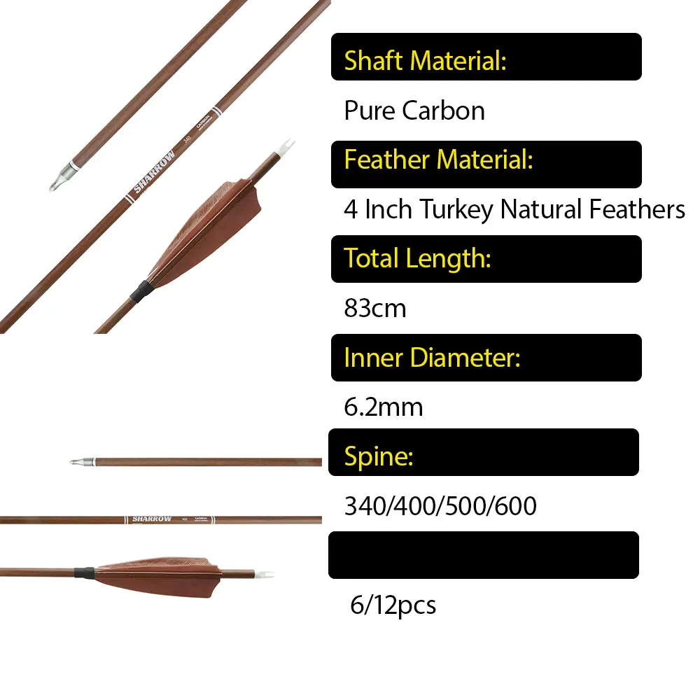 Flecha de carbono puro de 32,6 ", ID6.2mm, eje de carbono puro SP340 400 500 600, arco de plumas de pavo, caza, tiro con arco, objetivo 6/12/24 unidades - imagen 2