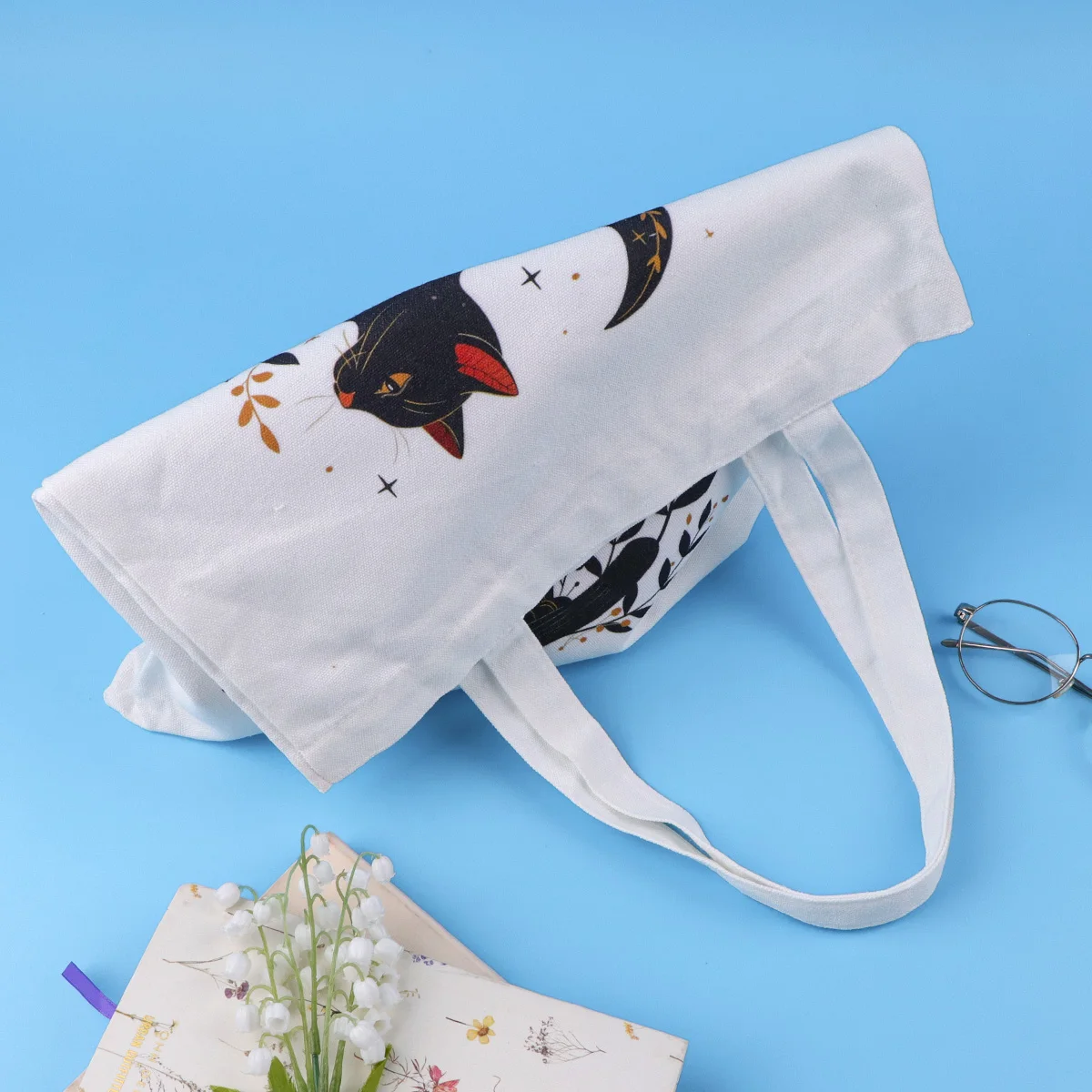 Bolso de mano de lona de gato negro, bolso de Luna Vintage, bolsas de compras para mujer, bolso de hombro de colegio plegable, bolsa de almacenamiento de moda - imagen 3