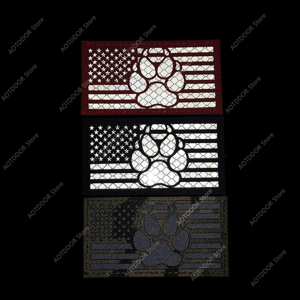 Paquete K9 de patas de perro para exteriores con insignia, parche táctico reflectante infrarrojo para patas de perro, pegatina mágica con gancho y bucle, bandera americana - imagen 3