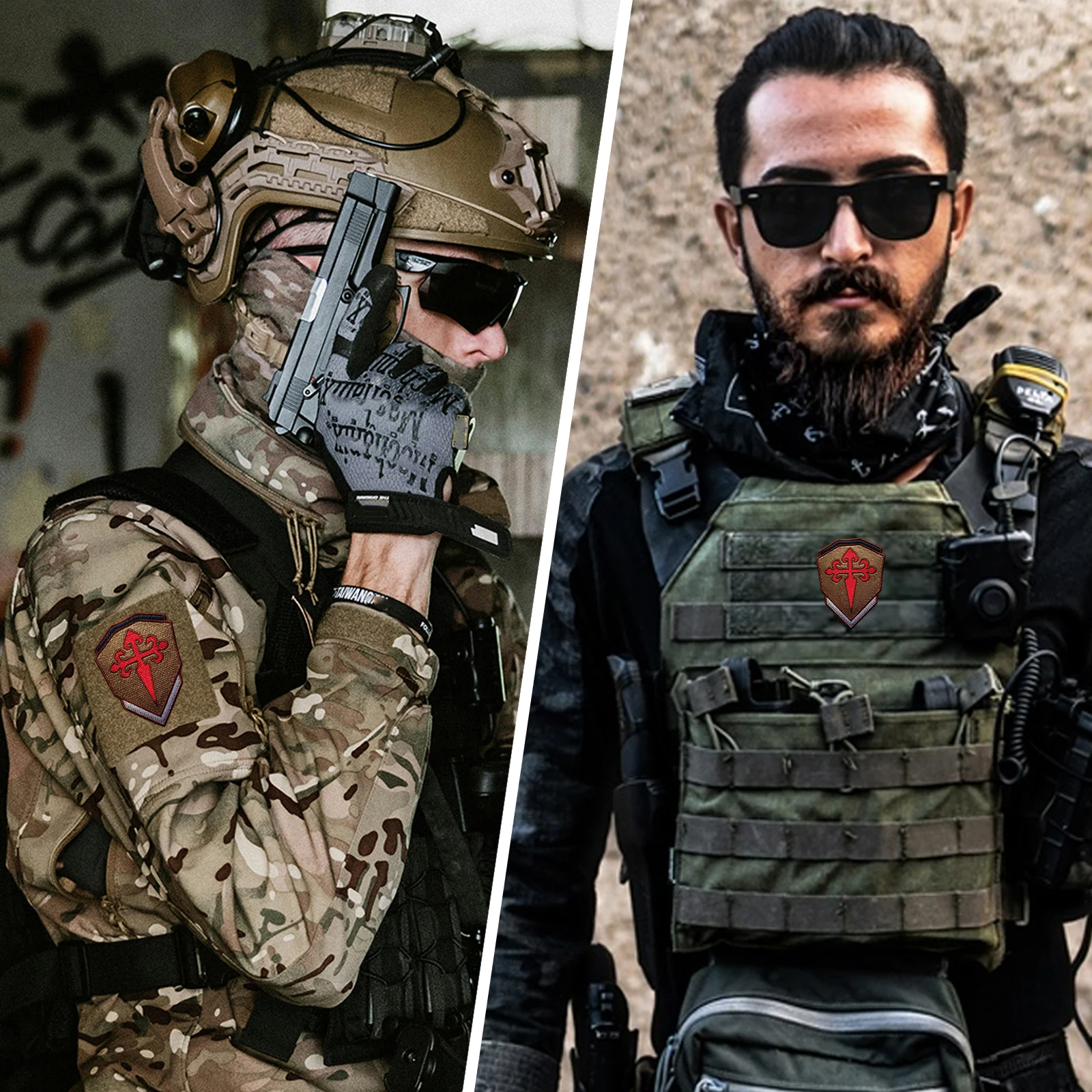 Parche de Velcros con símbolo de escudo cruzado marrón, insignia bordada con cierre de gancho y bucle para mochila táctica Molle, chaqueta y gorras - imagen 5