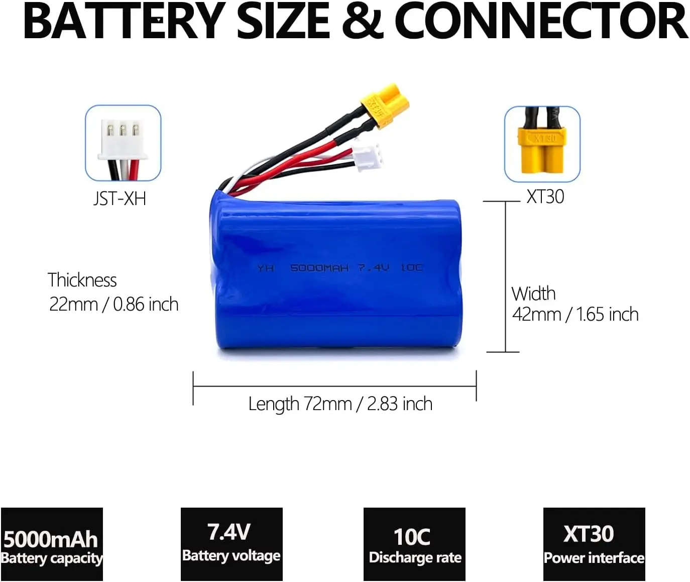 Batería de iones de litio de 7,4 V, 5000mAh, 10C, 2S, enchufe XT30 con cargador para Radio master TX16S, TX12, transmisor de Radio y coches RC, camiones y barcos - imagen 2