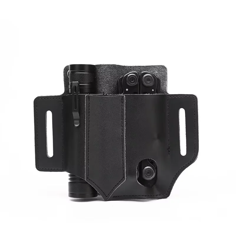 Herramienta EDC de cuero para exteriores, funda para cuchillo, bolsillos, soporte multiherramientas, organizador esencial, bolsa para cinturón, bolsillo para caza, linterna portátil