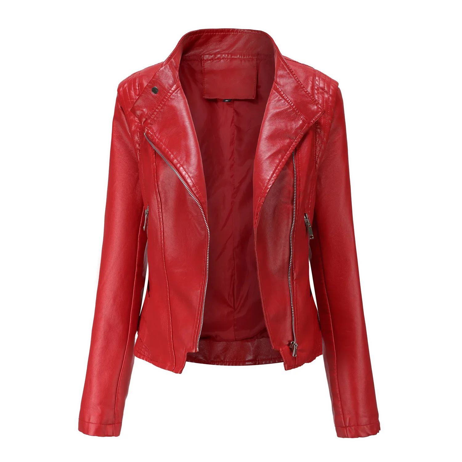 Chaqueta de motocicleta de cuero PU para mujer, gabardina fina con cremallera y cuello vuelto, chaqueta de motorista informal, prendas de vestir para primavera y otoño - imagen 5