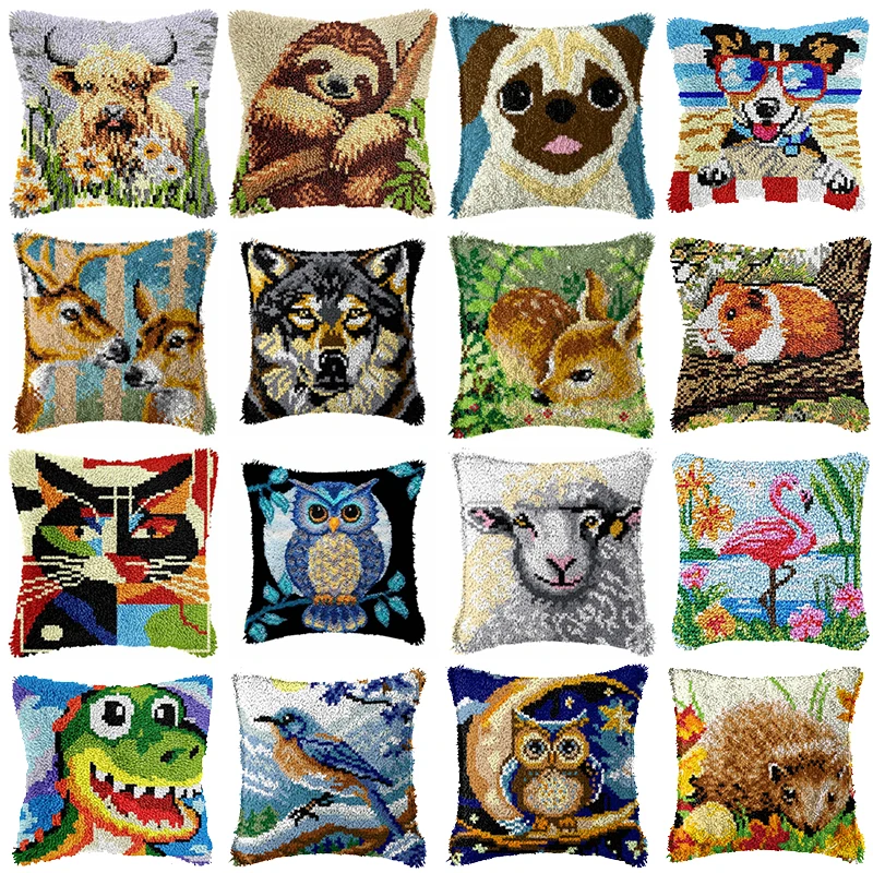 Juego de costura de punto de cruz con diseño de animales, perro, loro, gancho de pestillo artesanal, almohada bordada, juego de ganchos para costura