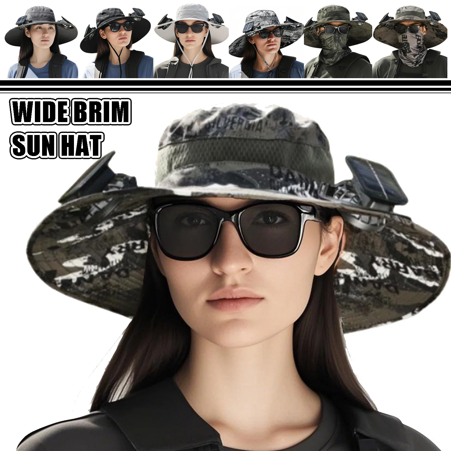 Sombrero para el sol de ala ancha para exteriores con 2 ventiladores solares Sombrero de cubo para el sol para hombres y mujeres UPF 50+ Sombrero de pesca y playa con ventilador incorporado
