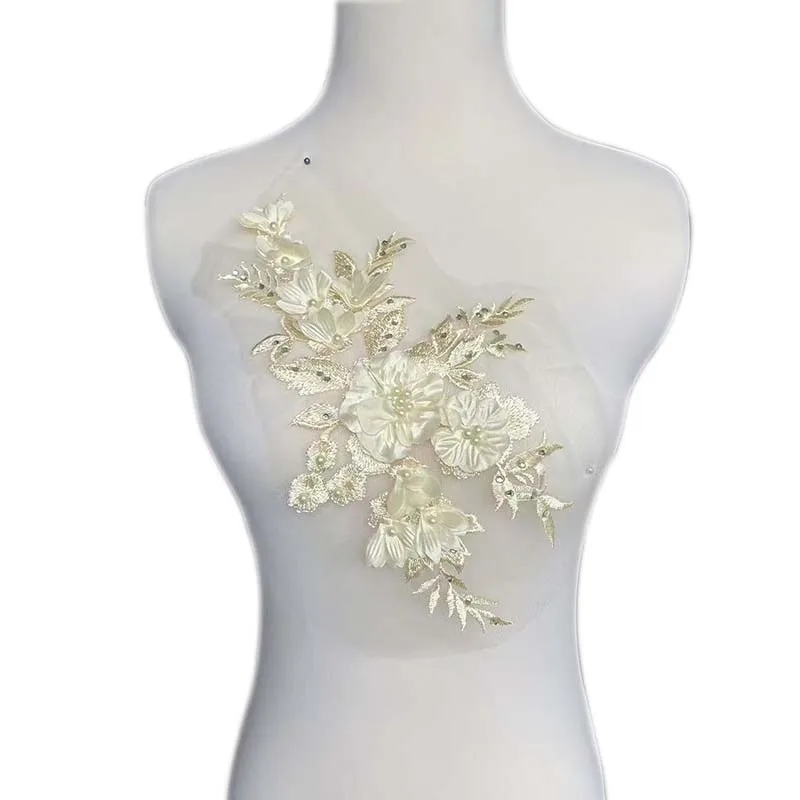 26,5*13CM 3D flor encaje apliques con cuentas suministros de costura, telas bordado Floral de diamantes de imitación coser en parches para vestido, ropa - imagen 4