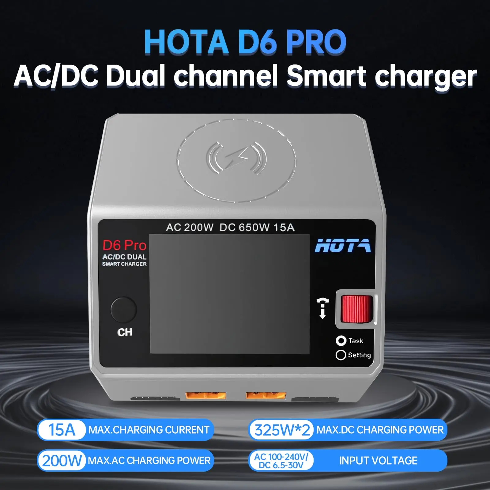 HOTA D6 Pro AC 200W DC 2X325W 2X15A canal cargador de batería inteligente descargador Lipo cargador para piezas de repuesto de drones Rc-gris/negro - imagen 5