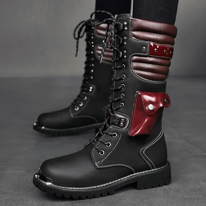 Botas de tacón alto para hombre, zapatos informales de cuero con cordones, color negro, estilo Punk, motorista, a la moda, estilo militar, para invierno - imagen 3