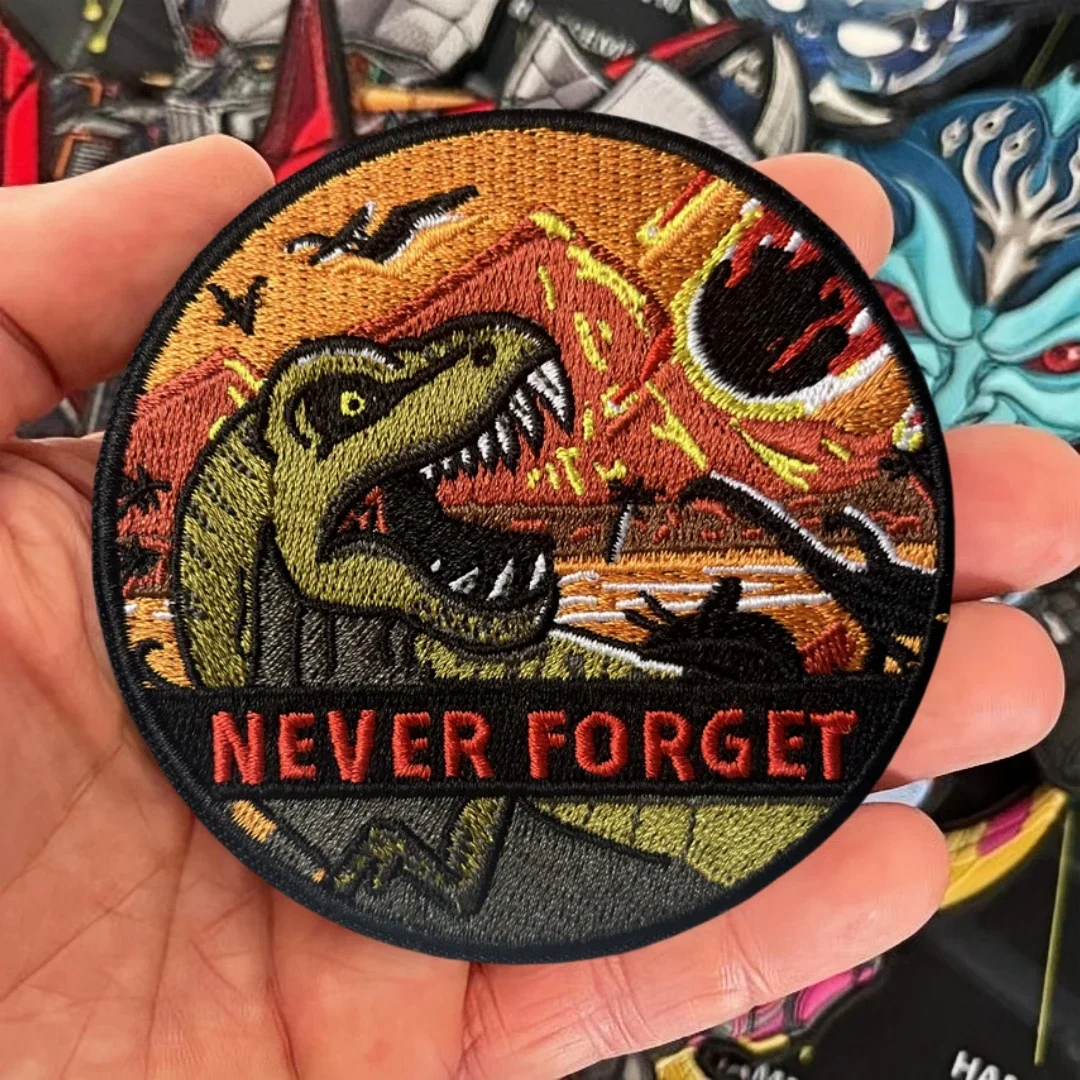 Parches bordados de gancho y bucle "Dinosaur Never Forget" para ropa, mochila, pegatina, parche táctico de moral, brazalete militar