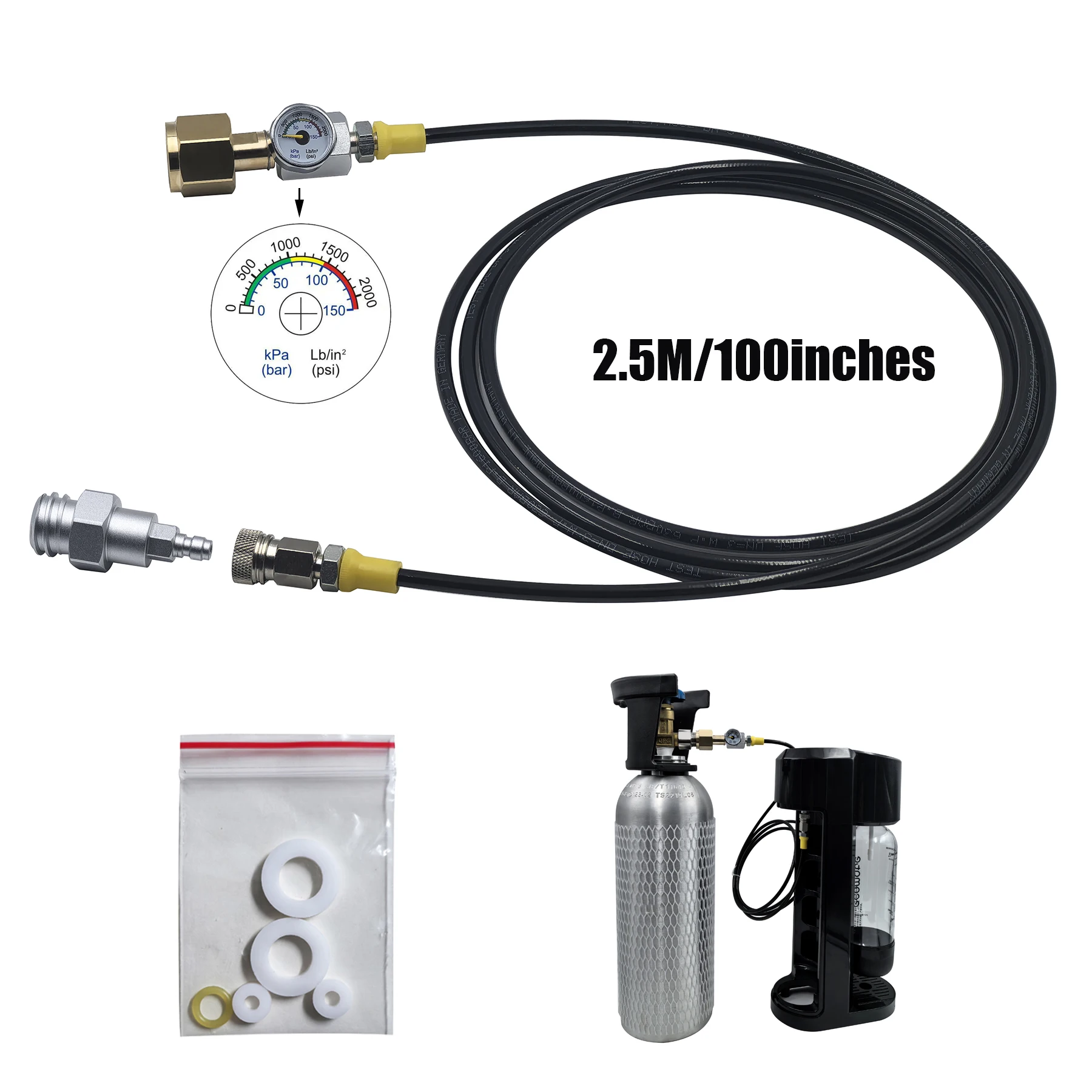 Máquina de agua de Soda, Kit adaptador de llenado de tanque de dióxido de carbono externo, estación de llenado de conector de desconexión rápida, 100 pulgadas/2,5 M