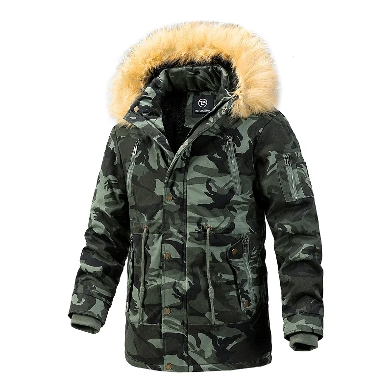 Parkas militares de camuflaje para hombre, chaquetas de carga de longitud media resistentes al desgaste, múltiples bolsillos, sombrero desmontable para exteriores, abrigos de bombardero de lana, Invierno - imagen 3