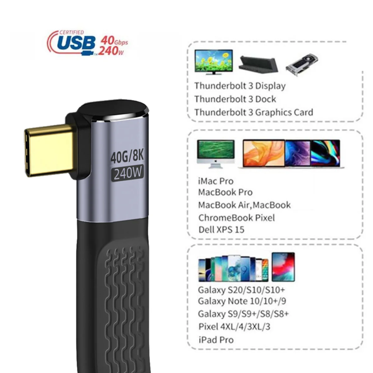 CY-Cable de datos USB 4 USB-C tipo C macho a macho, Cable de datos FPC plano en ángulo, compatible con 8K, 240W, 40gbps, para ordenador portátil y teléfono, 13cm - imagen 3