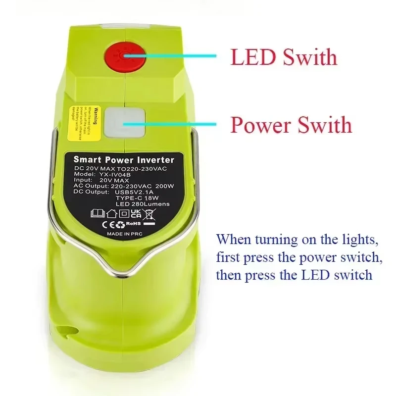 Inversor de batería de iones de litio de 200W, lámpara LED de trabajo, Banco de energía USB para Ryobi, batería de níquel de iones de litio de 18V P102 P103 P104 P105 P107 P108 - imagen 5