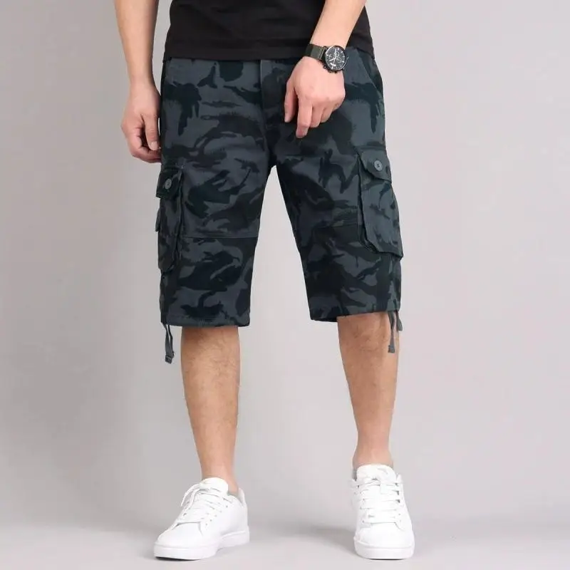Pantalones cortos Cargo de verano para hombre, pantalones cortos informales hasta la rodilla para trabajo al aire libre, pantalones cortos de camuflaje liso con múltiples bolsillos, ropa de calle de talla grande para hombre - imagen 3
