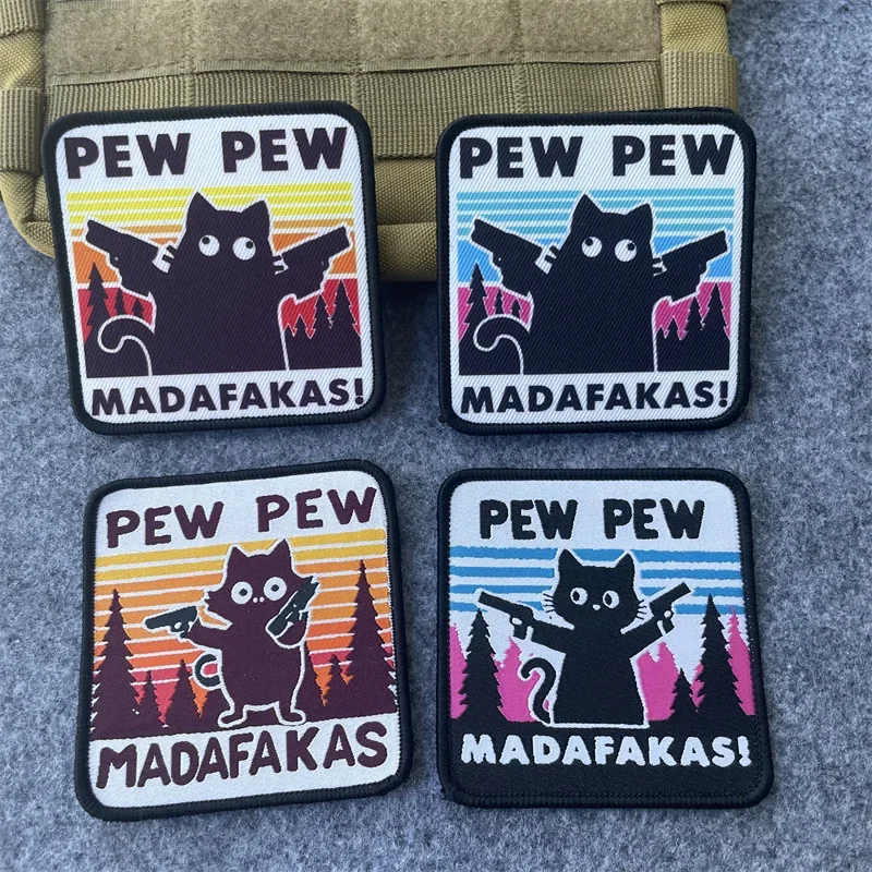 Parches tácticos Pew Madafakas, bordado de gancho y bucle, doble lanza militar, insignia de moral de gato negro, pegatinas de mochila - imagen 2