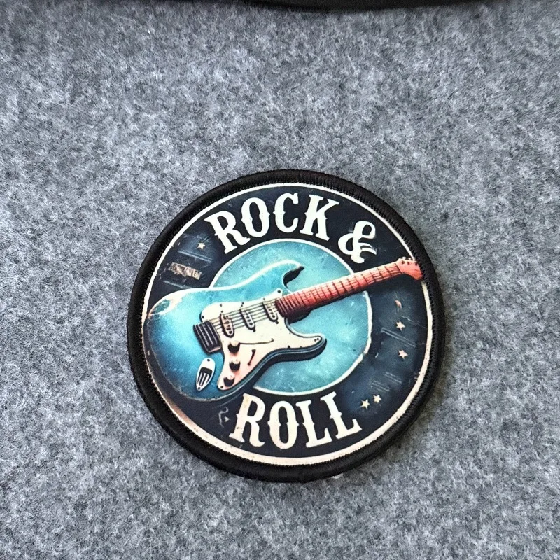 Parche táctico Rock & Roll para guitarra eléctrica, insignia de moral de tela redonda, parche de gancho y bucle para mochila, chaqueta, sombrero, decoración temática musical - imagen 3