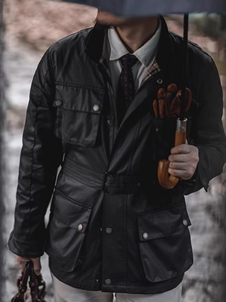 Chaquetas militares de cera de aceite para hombre, abrigo cortavientos de carga informal de Inglaterra, impermeable al aire libre, cuello de pana, chaqueta con múltiples bolsillos, otoño - imagen 5