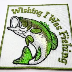 Wishing I Was Fishing Green Fish, parches bordados, apliques para ropa, plancha, bonito logotipo