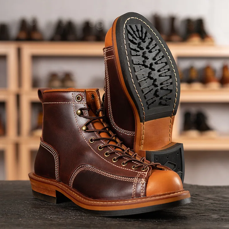 KOWM-zapatos de senderismo para hombre, botas de piel de vaca, zapatos de trekking de cuero británico, zapatillas tobilleras de suela gruesa, botas altas de cuero de vaca para motocicleta - imagen 3