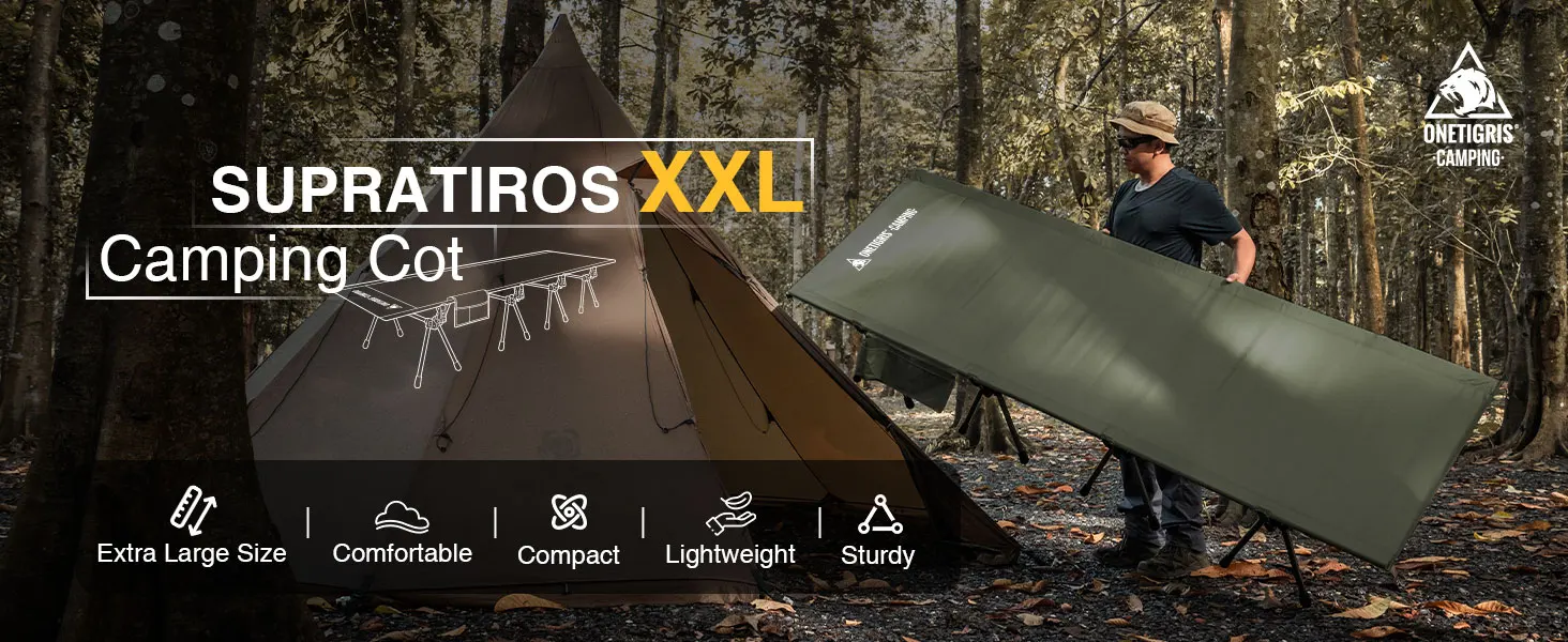 Cama plegable en uso en camping
