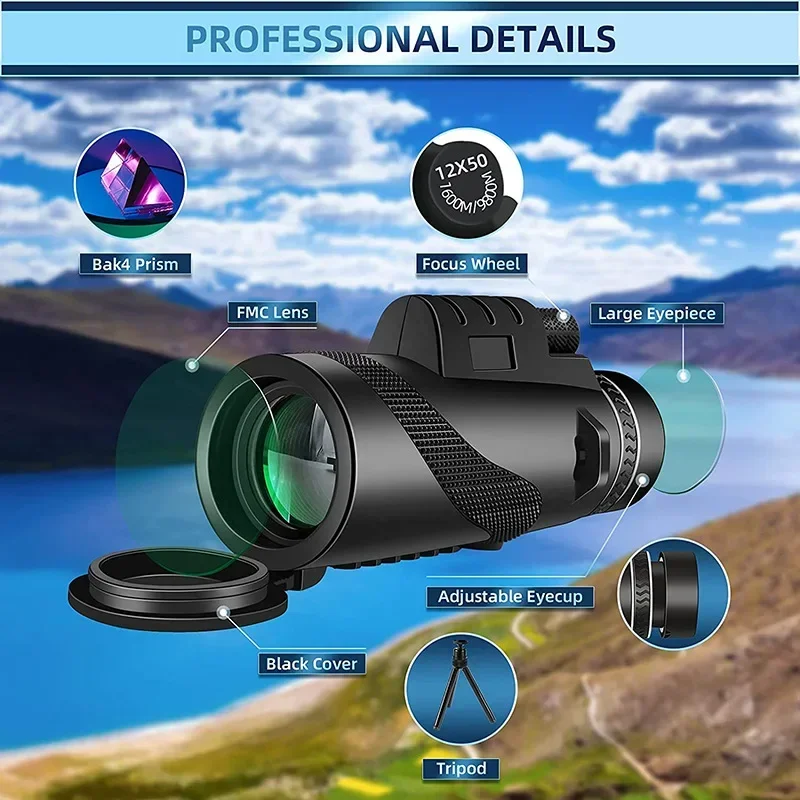 Potente telescopio Monocular HD 80X100, Zoom de largo alcance Bak4 con trípode, Clip para teléfono para caza al aire libre, Camping, turismo, senderismo - imagen 4