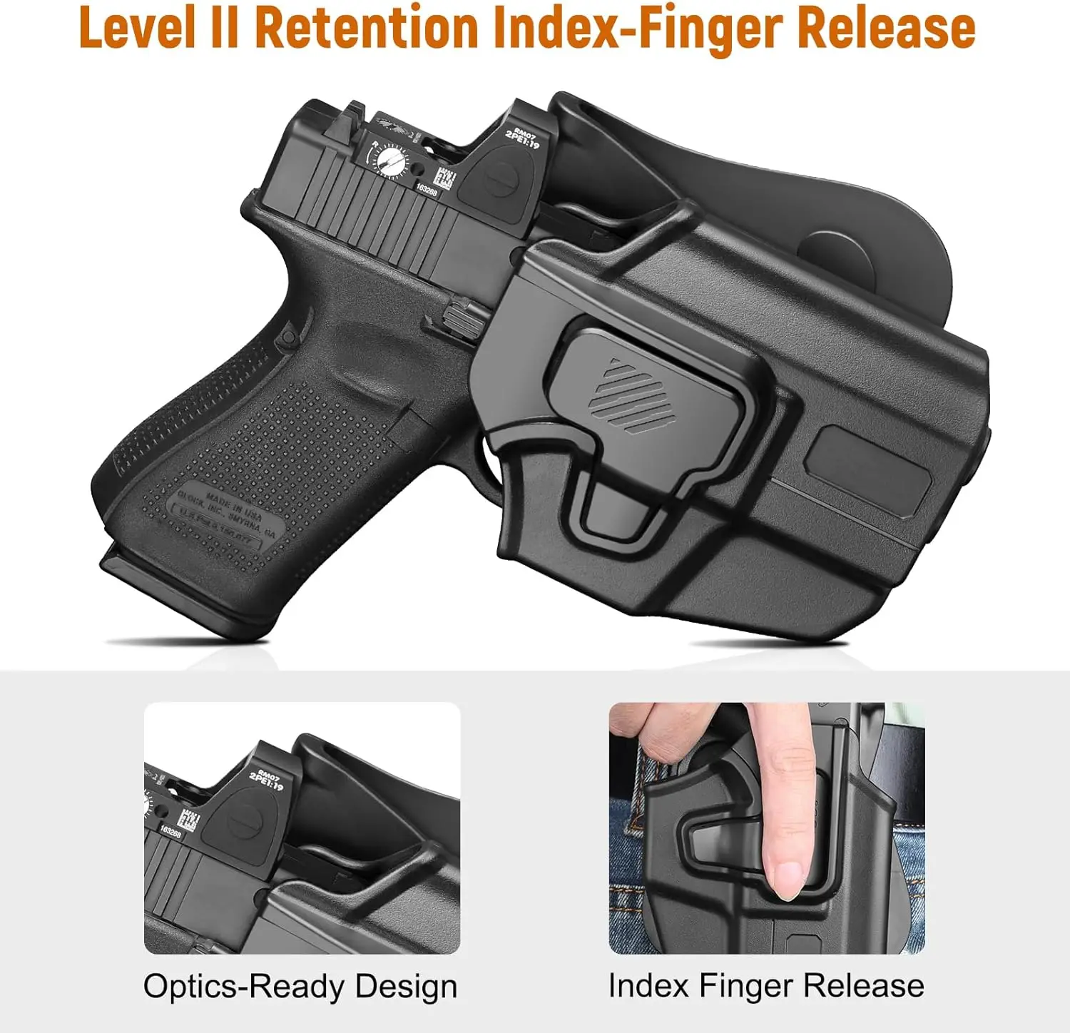 Funda Universal OWB para pistola compacta, subcompacta, compatible con Glock 19/26/43/43X/43X Mos,Hellcat pro,G3C, liberación de dedo índice, mano derecha - imagen 3