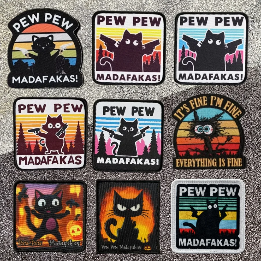PEW PEW Madafakas pistola insignia de moral táctica parche gato negro es brazalete fino parches de tela divertido gancho y bucle mochila emblemas