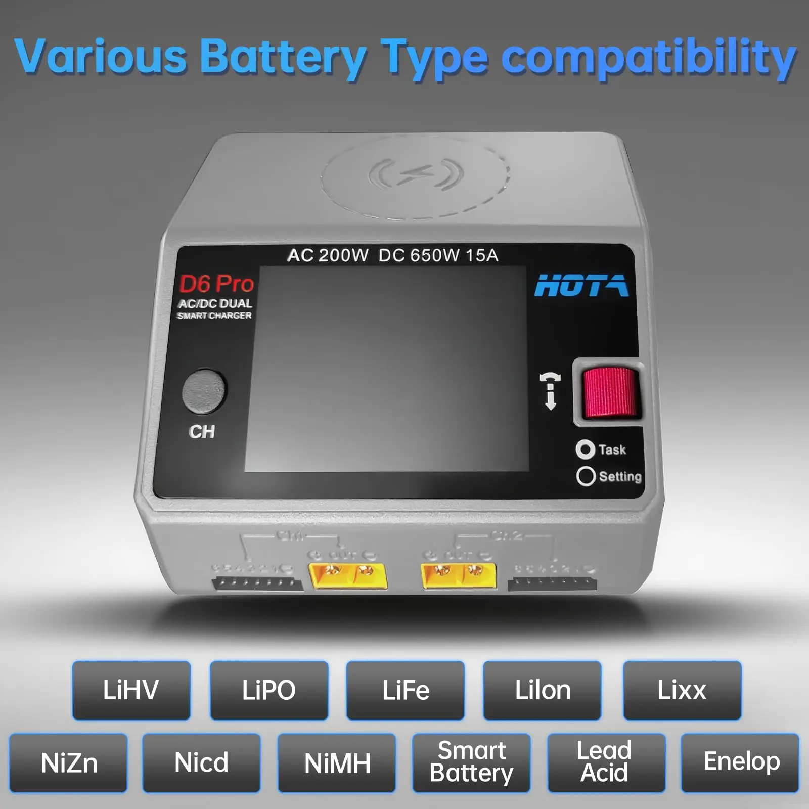 HOTA D6 Pro AC 200W DC 2X325W 2X15A canal cargador de batería inteligente descargador Lipo cargador para piezas de repuesto de drones Rc-gris/negro - imagen 4