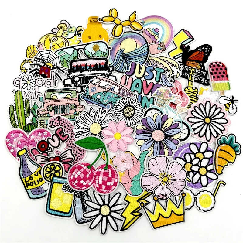 45 unids/lote, parches bordados de flores aleatorios, parches de aventura para planchar, apliques para ropa, parches de rayas DIY, pegatinas - imagen 2