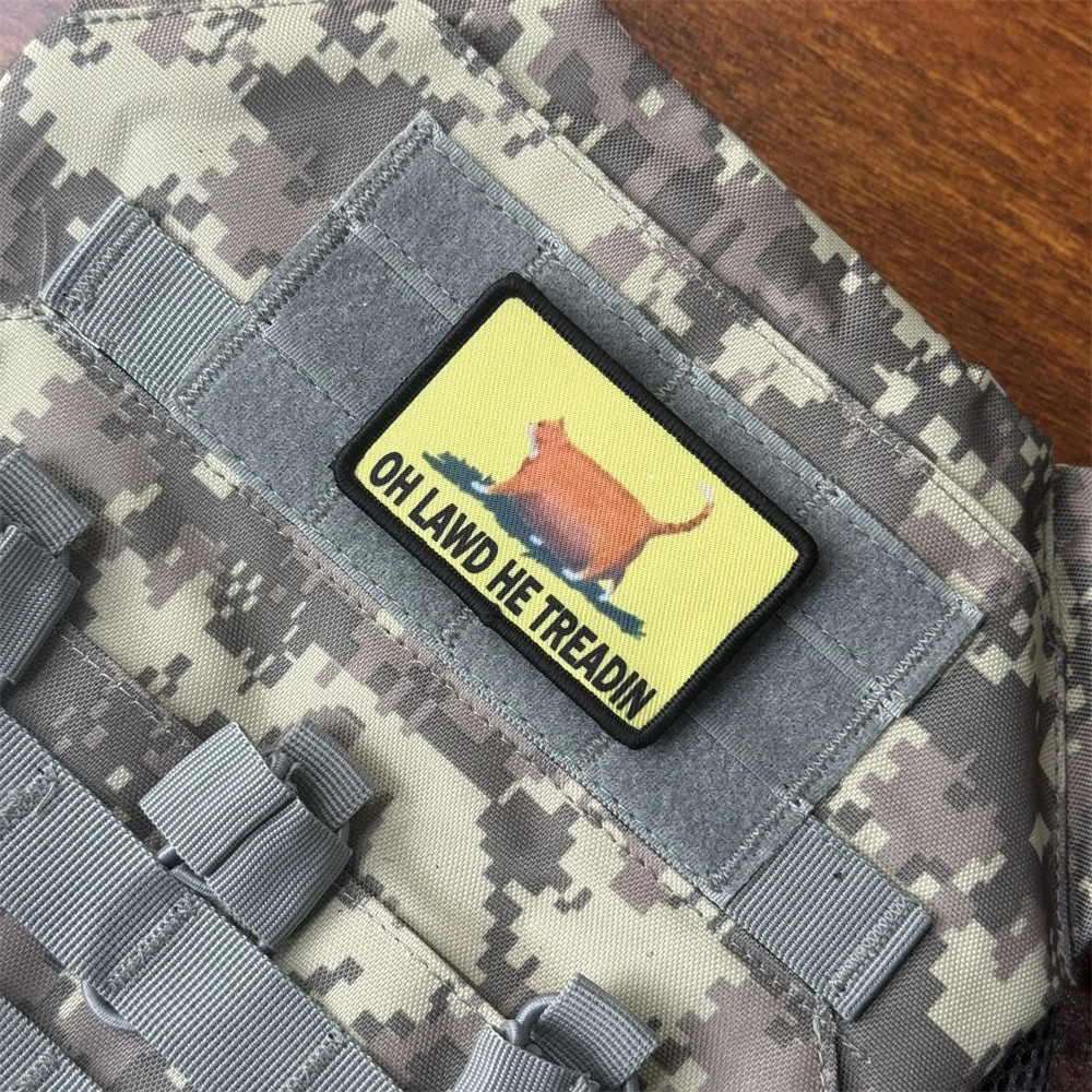 Parche táctico de moral de gato gordo "Oh Lawd He Treadin", brazalete del ejército militar, parches impresos con gancho para ropa, pegatina para mochila - imagen 3
