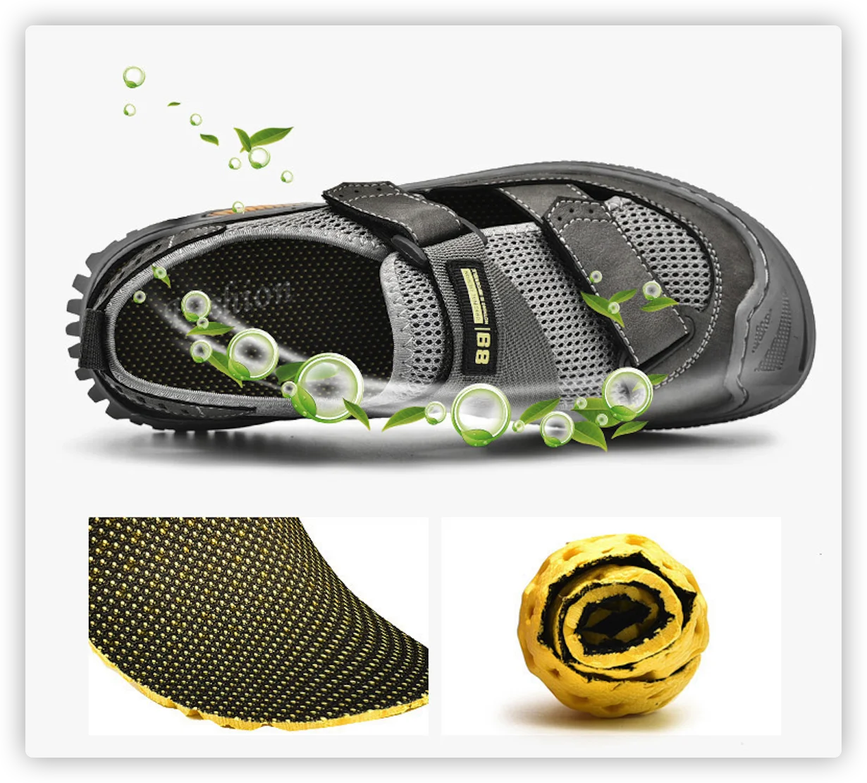 Un zapato negro y amarillo con una bola amarilla al lado