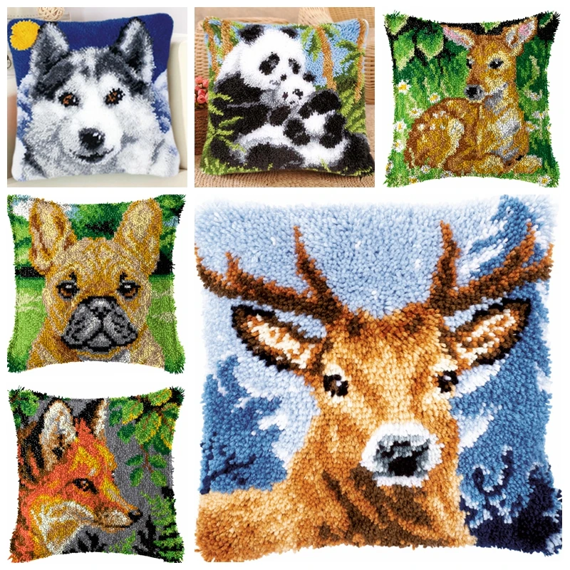 Gancho de pestillo de jirafa, zorro, Lobo, paquete de Smyrna, ganchos de animales DIY, alfombra de punto, almohada, gancho de pestillo bordado, Kits de alfombras