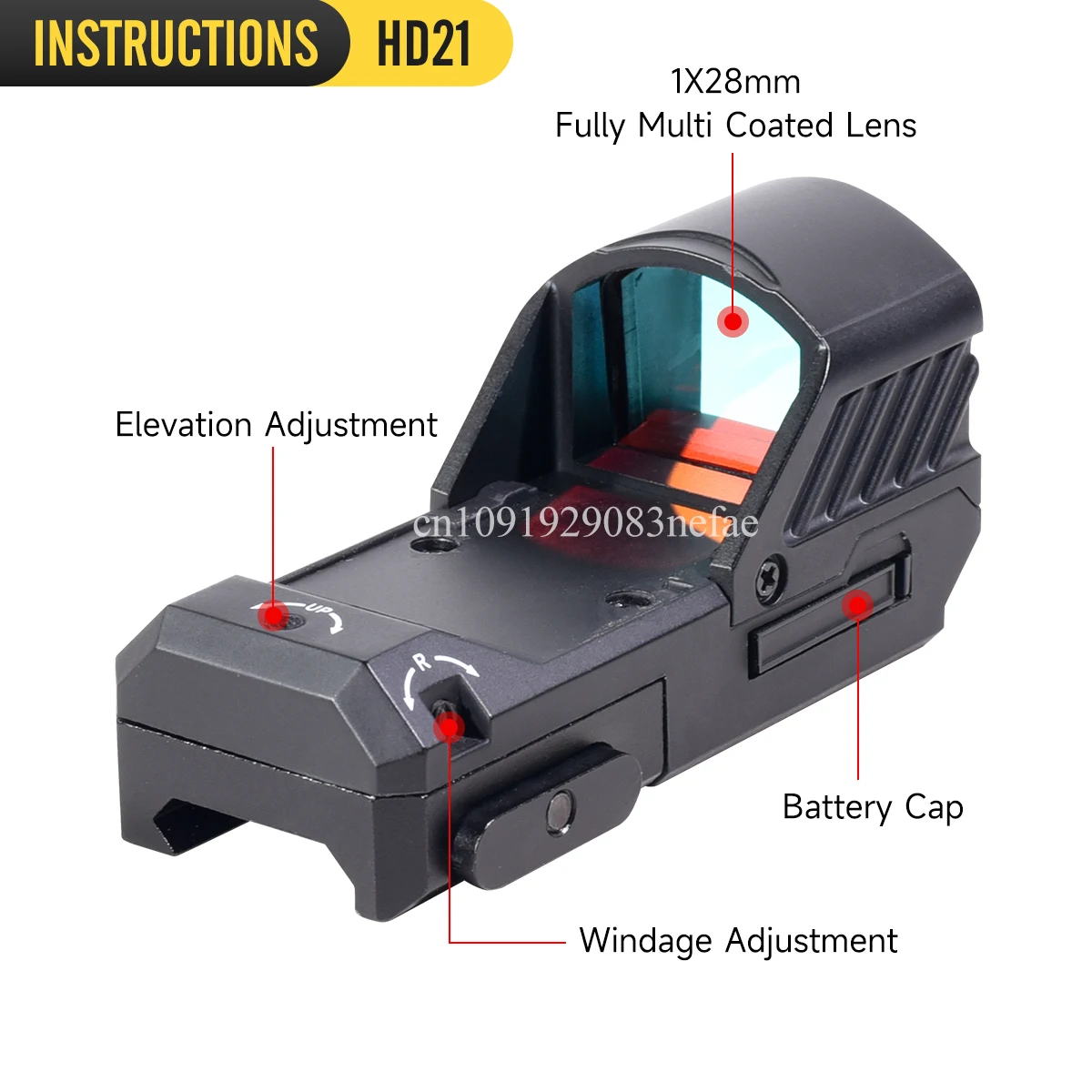 Mira táctica HD21 de puntos rojos, óptica de caza de 1x28x25, mira de Rifle ligera, 11 brillo ajustable para riel Picatinny de 20mm - imagen 2