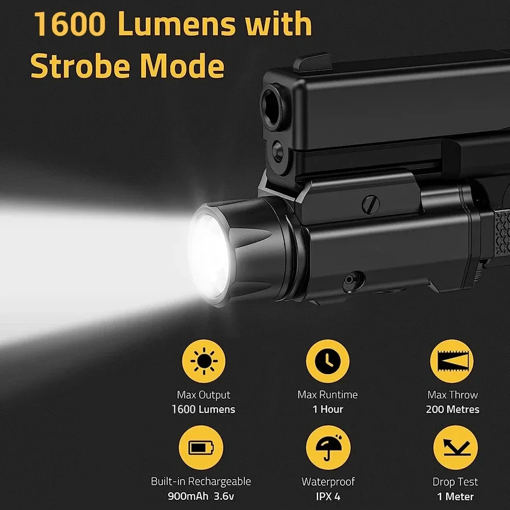 Luz LED para arma de 1600 lúmenes, luz ajustable de 3 modos para pistola, lámpara estroboscópica LED recargable magnética, linterna compacta para pistola - imagen 3