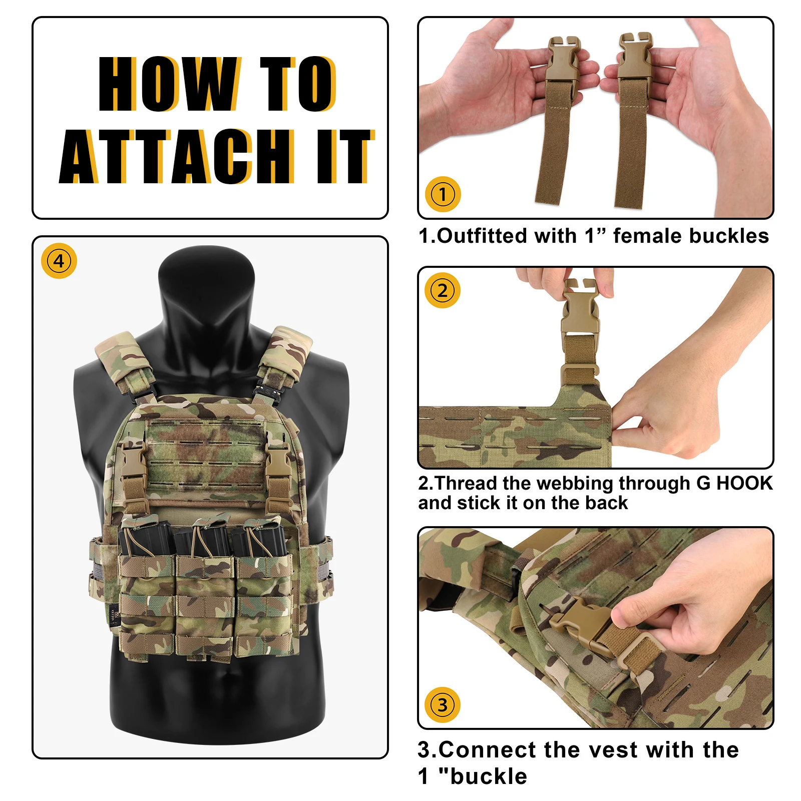 KRYDEX-Chaleco táctico MOLLE, Panel frontal, solapa desmontable, hebilla de gancho G para JPC FCPC, portador de placa, accesorios de aparejo de pecho - imagen 5