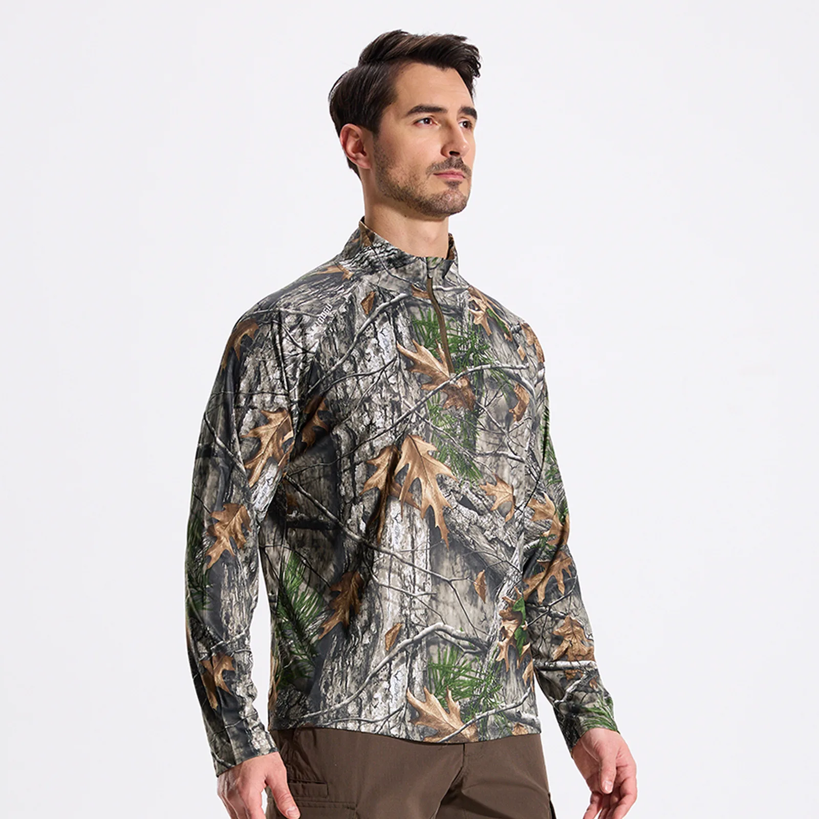 Camisa de pesca de caza de camuflaje biónico de árbol de alta calidad, medio cárdigan 1/4, camisa deportiva elástica de manga larga con protección UV
