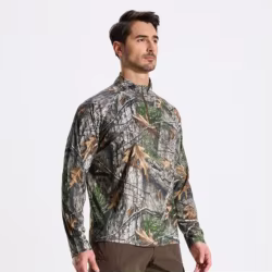 Camisa de pesca de caza de camuflaje biónico de árbol de alta calidad, medio cárdigan 1/4, camisa deportiva elástica de manga larga con protección UV
