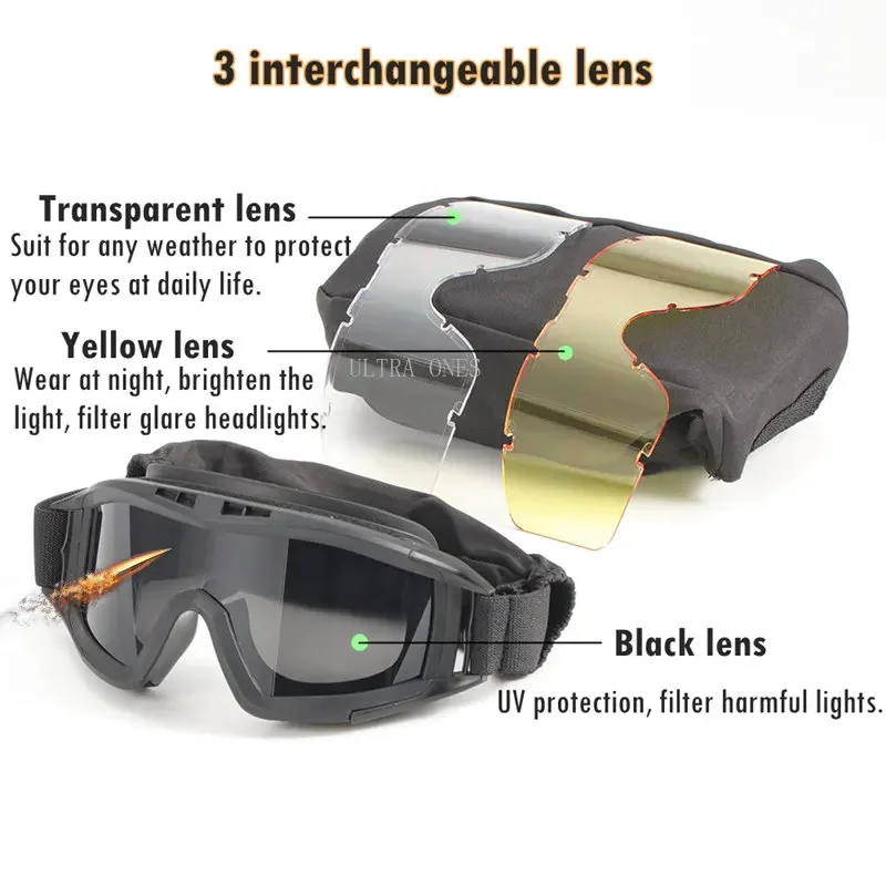 Gafas tácticas de 3 lentes para Airsoft, gafas de protección segura para tiro de Paintball, a prueba de viento, para montar, senderismo, caza, deportes - imagen 3