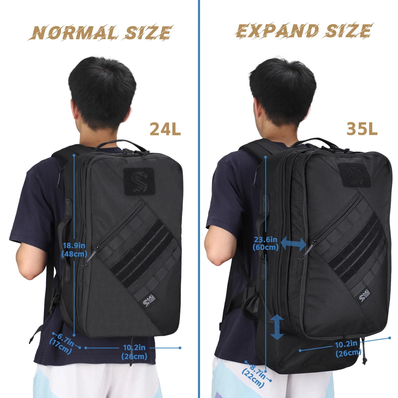 MGFLASHFORCE Mochila de viaje táctica para hombres, mochila de trabajo Molle, bolsa de transporte, compartimento para computadora portátil de 16", expandible de 24L a 35L - imagen 2