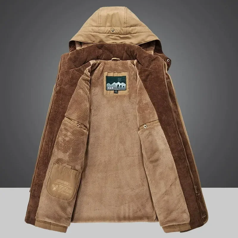 Chaquetas de invierno para hombre, chaqueta cálida de lana gruesa de terciopelo con múltiples bolsillos, abrigos con capucha para hombre, Parkas militares de talla grande 5XL 6XL - imagen 2