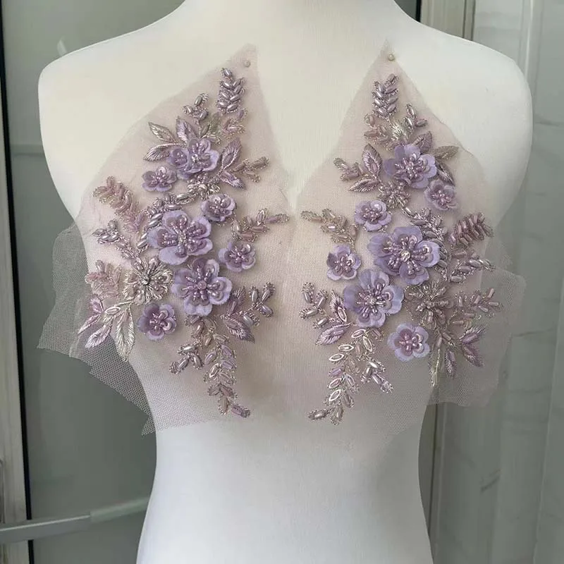 Corpiño de lentejuelas con cuentas, suministros de costura, tela de encaje de flores 3d, bordado, parches para coser para vestidos, boda, 1 par, 21x22CM - imagen 3